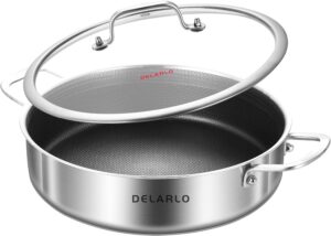 DELARLO Tri-Ply Stainless Steel Saute Pan 6 Quarts Deep Frying Pan