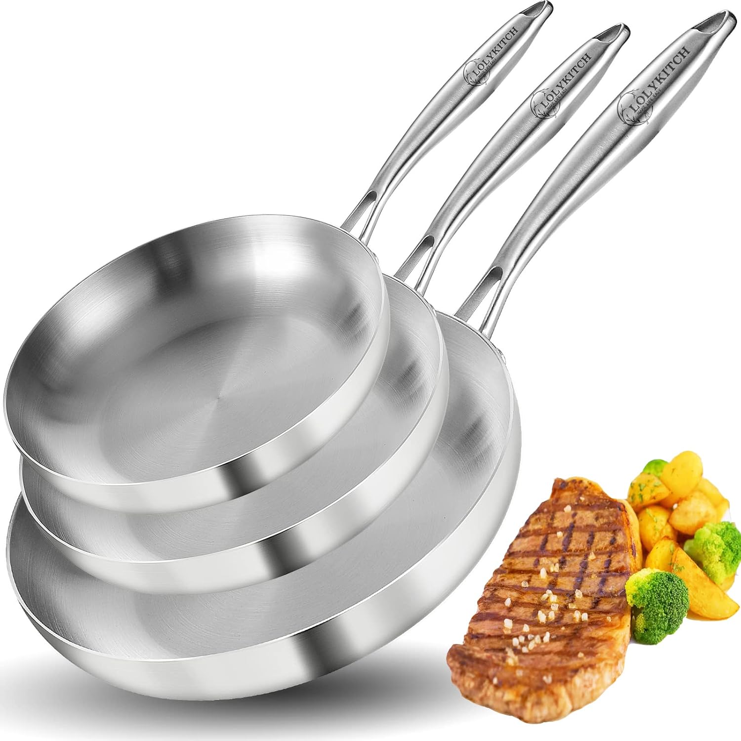 LOLYKITCH 8-10-12 Inch Tri-Ply Stainless Steel Frying Pan Set