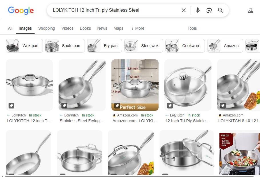 LOLYKITCH 12 Inch Tri-Ply Stainless Steel Pans Shown in Google Search