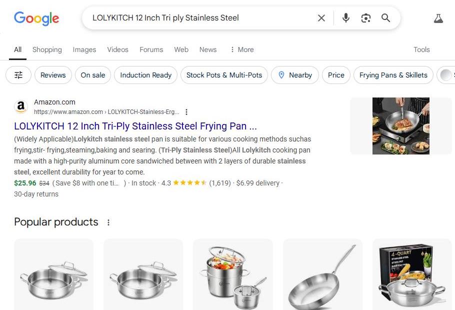 LOLYKITCH 12 Inch Tri-Ply Stainless Steel Frying Pan on Amazon