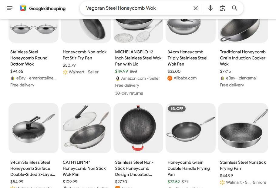 Google Shopping Search Results for 'Vegoran Steel Honeycomb Wok'