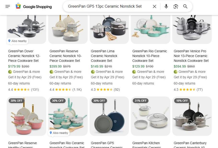 Google Shopping Search Results for GreenPan Ceramic Nonstick Cookware Sets